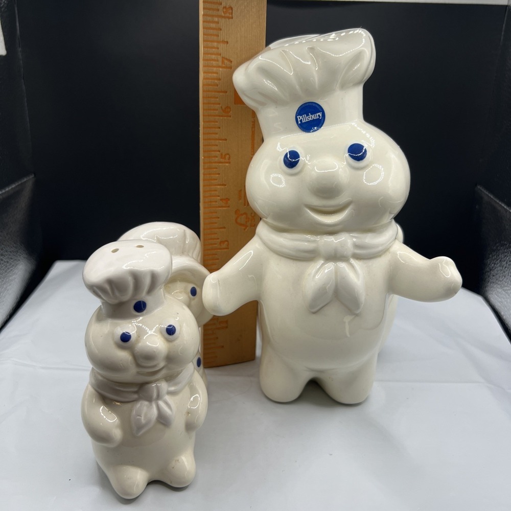 1988 3pc Lot Pillsbury Doughboy Ceramic Utensil Holder and Salt & Pepper Shakers - Picture 8 of 9